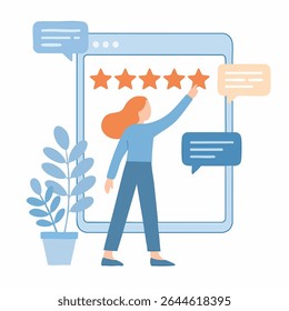 Flat Illustration Woman Giving Five Star Review on Webpage Feedback Concept