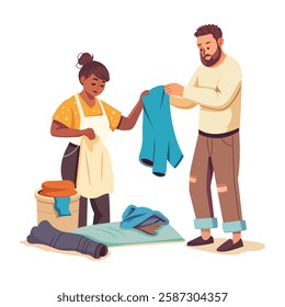A flat illustration of woman giving old clothes to poor man
