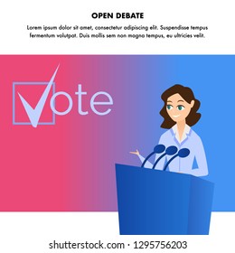 Flat Illustration Woman Giving Public Speech Scene. Banner Vector Open Debate Presidential Candidate. Convictions People to Give Their Vote for Political Party. Blue Tribune with Microphone on Stage.