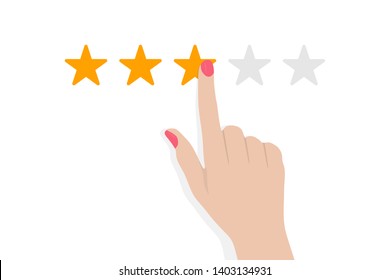 Flat Illustration of a Woman Hand Giving Three Star Rating. Review. Feedback, Satisfaction, Status concept.  Human Hand with Red Heart Icons
