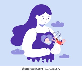 Flat illustration of woman having heart break and taking treatment. Sad woman sitting in a inner caged and a angle flying towards her to rescue her from sorrow.