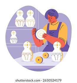 Uma ilustração plana de uma mulher com habilidades de arte matryoshka