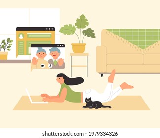 Flat illustration of woman having online video call with parents on laptop at home.