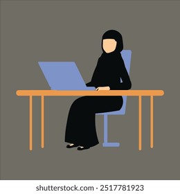 A flat illustration of a woman in a hijab sits at her desk and works on her laptop