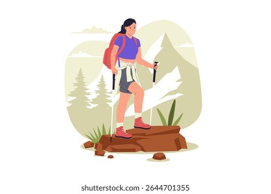 Flat Illustration of Woman Hiking with Backpack and Trekking Poles in Mountain Landscape. Illustrations for websites, landing pages, mobile apps, posters and banners
