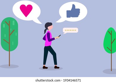 Flat illustration of woman holding smartphone with love symbol and thumbs up vector design