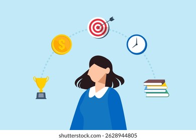 Flat illustration of woman imagining future goals and life aspirations with time money ideas education skills and success career planning ambition and employee personal development