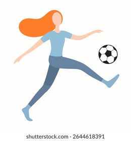 Ilustração plana Mulher chutando bola de futebol durante o jogo de futebol no campo