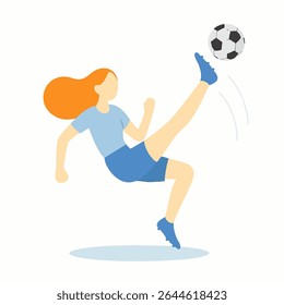 Ilustração plana de bola de futebol chutando mulher com vista de alto ângulo