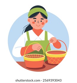 A flat illustration of a woman making baskets 
