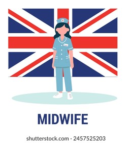 Flat Illustration of a woman midwife in UK britain midwife uniform with great britain flag as a a background