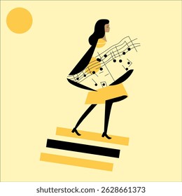 Flat Illustration of a Woman in a Musical Dress Walking on Piano Stairs