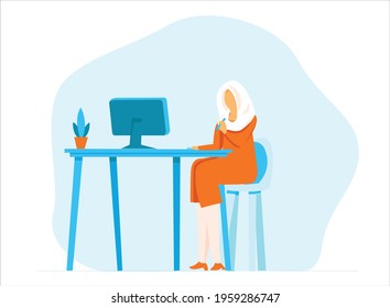 Flat illustration of a woman on hijab working on computer