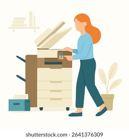 Flat Illustration of Woman Operating Copier Machine in Office Workplace Scene