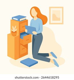 Flat Illustration Woman Organizing Documents in Filing Cabinet Business Illustration