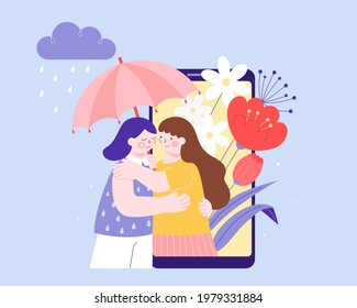 Flat illustration of a woman from phone screen hugging the other sad woman. Concept of online mental health counseling.