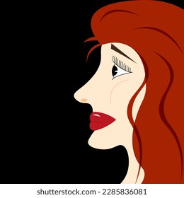 Flat illustration of Woman Portrait. Cartoon Woman Head with make up and red hairstyle. Art with Glamour and style lady profile.