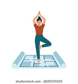 Flat illustration of a woman practicing the yoga tree pose on a blue mat against a white background