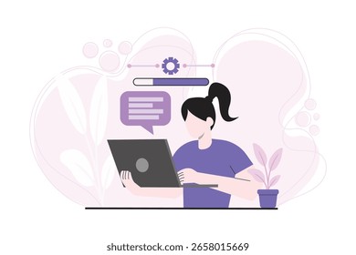Ilustración plana de la mujer que procesa la orden en línea en el ordenador portátil con barra de progreso. Concepto moderno de sistema de cumplimiento de comercio electrónico.