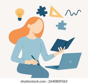 Flat Illustration Woman Reading Book Laptop Idea Solving Problem Concept Icon