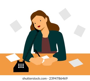 flat illustration of woman receiving a telephone call and taking notes sitting at the table, woman working in the office