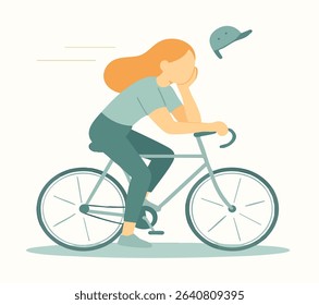 Flat Illustration Woman Riding Bicycle with a Cap in Motion and Lifestyle Concept