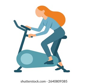 Flat Illustration of a Woman Riding an Exercise Bike for Fitness and Healthy Lifestyle