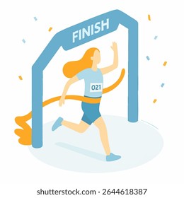 Flat Illustration Woman Runner Winning Race Crossing Finish Line Achievement