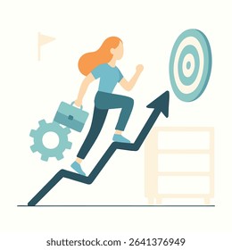 Flat Illustration Woman Running Up Arrow Toward Goal Business Concept