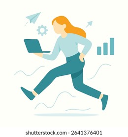 Flat Illustration of Woman Running with Laptop and Business Icons