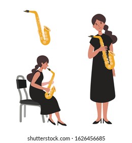 A flat illustration of woman saxophone player isolated on white background. Vector illustration.