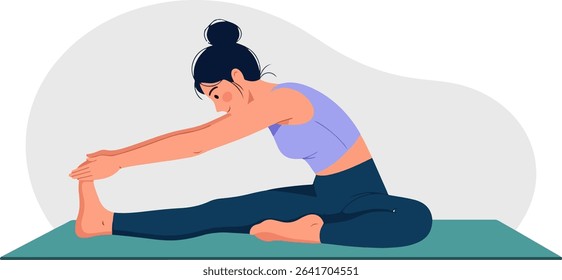 Flat Illustration of Woman in Seated Forward Bend on Yoga Mat