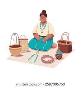 A flat illustration of woman selling jewellery 
