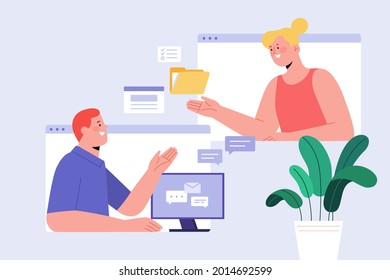 Flat illustration of woman sending files to the man. Concept of document share and file transfer software.