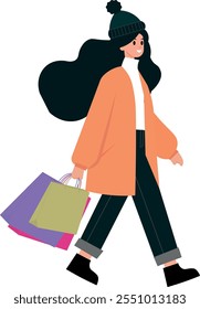 Flat illustration woman, shopping, with bags in hand