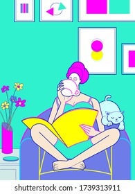 flat illustration of woman sits on sofa reading newspapers while enjoying morning coffee. lady with her facial mask having afternoon tea at home with cute kitten lying next to her. vector eps 8.