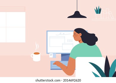 Flat illustration of a woman sitting at desk with hot cup of coffee and using computer at home. Concept of home office, work from home, or freelancers.