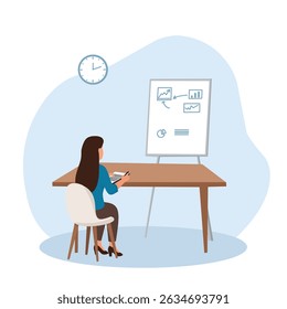 Flat illustration of a woman sitting at a desk and analyzing a chart. Great for topics like remote work, self-study, data analysis, or business planning