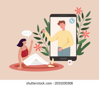 Flat illustration of woman sitting at home and talking with a friend through video call. Concept of online dating.