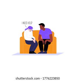 Flat Illustration Of A Woman Sitting On A Couch Asking Her Male Friend For Help. Psychological Support Concept