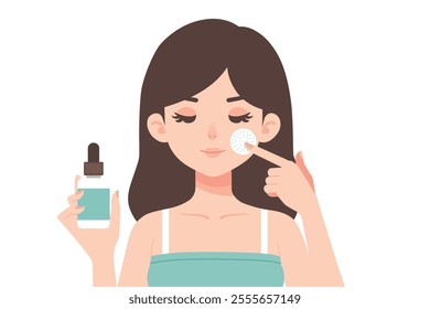 Flat illustration of a woman skin applying pimple patch on her face or absorbing pad on her face. Skin care routine and acne treatment