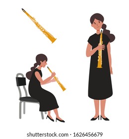 A flat illustration of woman soprano saxophone player isolated on white background. Vector illustration.