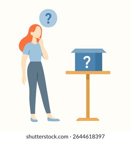 Flat Illustration Woman Standing Beside Box with Question Mark Concept