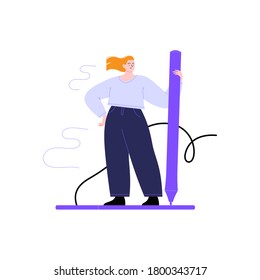 Flat illustration of a woman standing on a graphic tablet with a pen. Female designer with her instruments. Digital artist at work concept