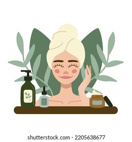 Flat illustration woman with towel on head takes care of skin.