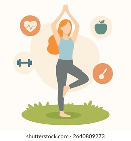Flat Illustration Woman in Tree Pose Yoga Exercising with Health Icon Elements