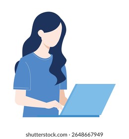 Flat illustration of a woman typing on a laptop in a casual and modern setting. Concept of remote work, productivity, or online learning in digital environment.