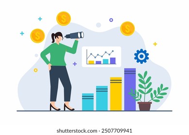 Flat illustration of woman using binoculars to spot business opportunities in digital marketplace