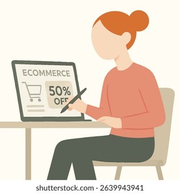 Flat Illustration Woman Using Laptop for Ecommerce Business Concept