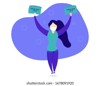 ilustración plana de una mujer usando una máscara y es papel de elevación, para un virus viral que es Corona Covid 2019 n-CoV, adecuado para todos los diseños con el tema "Virus Corona"